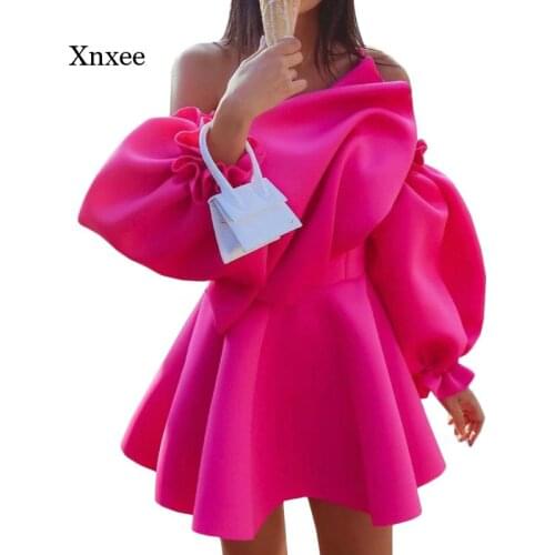 Rose Off Shoulder a Line Mini Dress Puff Sleeve Sexy Pleated Women Backless Ruffle Clubwear Party Dinner Night Christmas Clothes