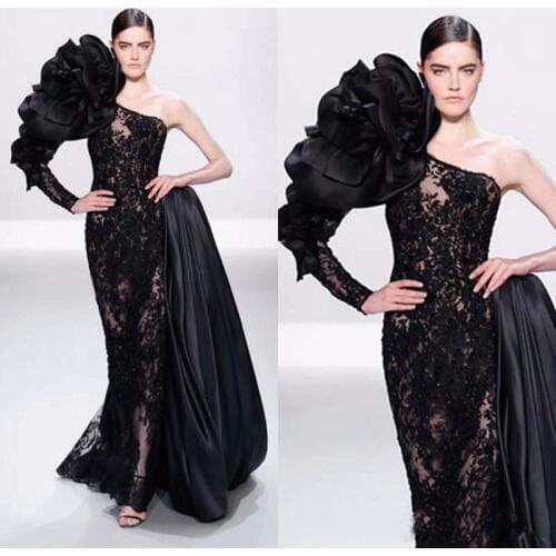 Fashion Long Sleeve One Shoulder Flower Evening Dress Black Lace Unique Mermaid Prom Gown for Wedding Party Pageant
