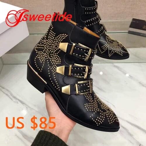 Fashion women brand ankle boots chunky high heel rivet metal genuine leather women motorcycle Designer Gold velvet ankle boots