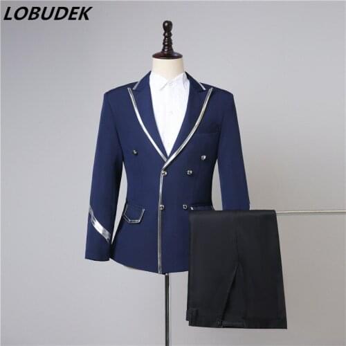 Mens Singer Dancer Groups Formal Suits Navy Blue Blazer+Pants Set Evening Party Bar Club Performance Stage 2 Piece Outfits