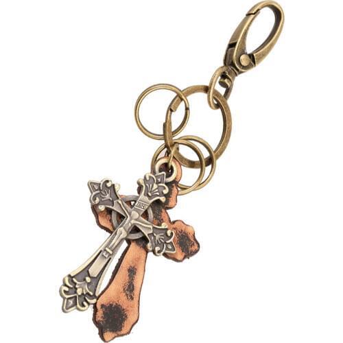 Punk Vintage Cross Keychain Chaveiro Genuine Leather Men Car Key Chains Ring Holder Bag Charm Keyfobs Jewelry Women Gift FY048