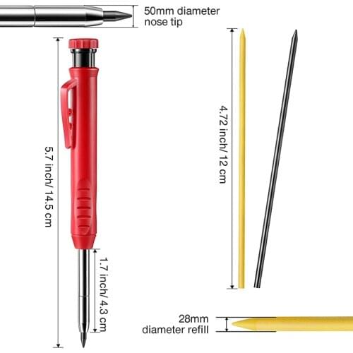 Solid Carpenter Pencil Set with 7 Refill Leads, Built-in Sharpener, Deep Hole Mechanical Pencil Marker Marking Tool