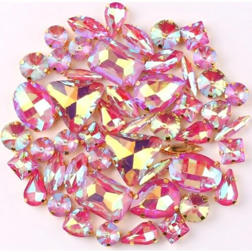 Gold claw setting 50pcs/bag shapes mix jelly candy Incarnadine AB glass crystal sew on rhinestone wedding dress shoes bags diy