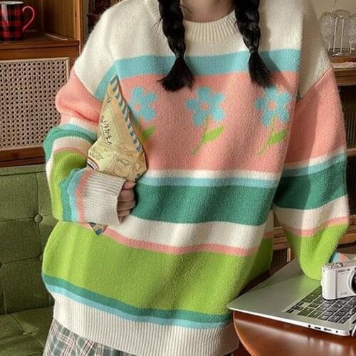 Hstar New Women Autumn O-neck Floral Print Long Sleeve Sweater Lady Casual Loose Striped Harajuku Knitted Oversized Pullovers