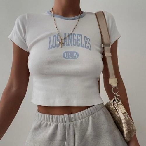 Letter Print Sexy Slim Crop Top Women 2021 Summer O Neck Short Sleeve White Cotton T-shirt Vintage Casual Y2k Tee Shirt Femme