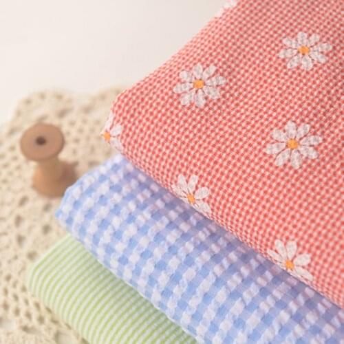 Half Meter Orange Pink Flower Plaid Bubble Cotton Fabric For Garment Dress Children Cloth Handmade DIY Material A83