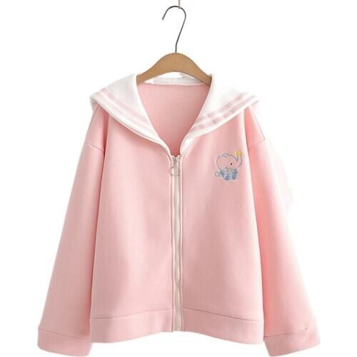 Pink Fleece Cute Women Zipper Jackets 2020 Winter Full Sleeve Turndown Collar Sweet Ladies Cartoon Embroidery All Match Coat