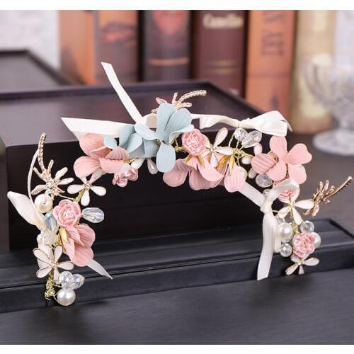 Pink Flower Pearl Bridal Wedding Hair Accessories For Women Crystal Handmade Headbands Ribbon Hairbands Vintage Headpiece Party