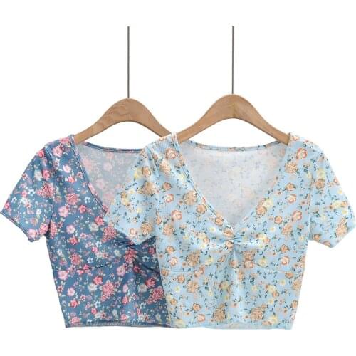 Sexy Knitted Print FLoral Cropped Tops T Shirts For Women Summer V Neck Short Sleeve Pleated Skinny Tshirt Stretch Tee Clothes