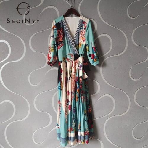 SEQINYY Fashion Summer Dress Designer Runway New Women Vintage Flowers Print Green Pleated Midi Belt Elegant