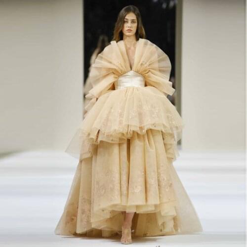 Chic Champagne Puffy High Low Prom Gowns Off The Shoulder Delicate Appliques Sequined Long Formal Party Dresses