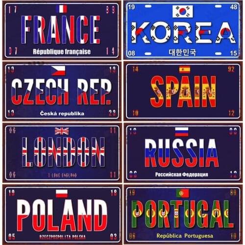 Country Metal Sign License Plate France Russia Tin Sign Car Garage Motorcycle Decoration Spain Poland London Number Plate N397