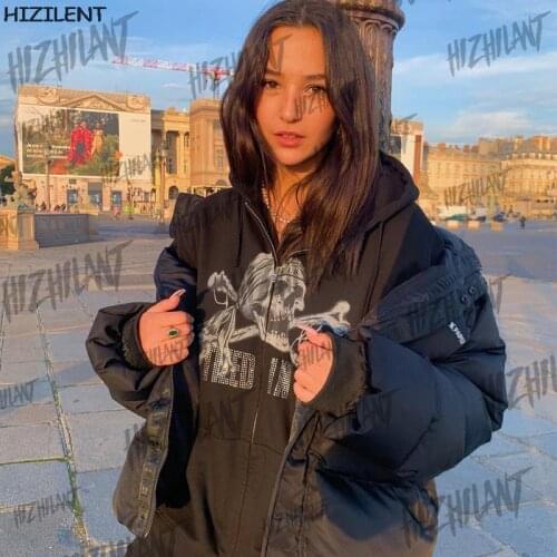 Rhinestone Skull Print Oversize Hoodies Female Zip Up Long Sleeve Womens Sweatshirt Y2K Aesthetic Autumn Winter Grunge clothing