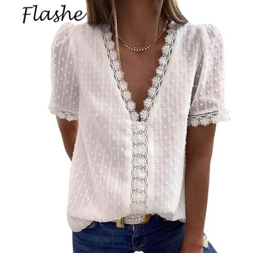 Summer Lace Shirt Women Tops Office Lady V Neck Shirts Solid Short Sleeve Casual Tee Sexy T Shirt For Women Streewear