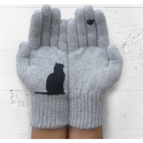 Women Cartoon Kitten Bird Warm Winter Thickened Knit Outdoor Full Finger Gloves