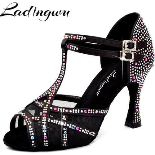 Ladingwu Women Ballroom shoes Salsa party Latin dance shoes big small rhinestone shining Black satin Cuba Heel 9cm