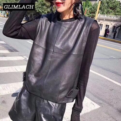 Women Genuine Leather Waistcoat Autumn Real Leather Sheepskin Loose Pullover Sleeveless Jacket Lady Short Vest Streetwear Tops