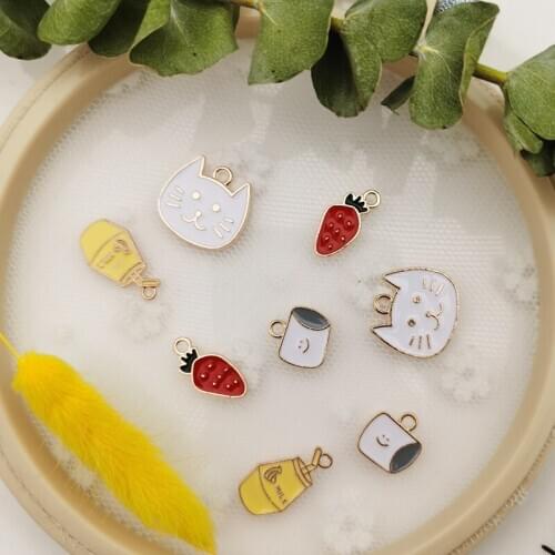 10Pcs/lot Cute Cat Carrot Paper Milk Bottle Alloy Enamel Charms Floating Earrings Hair Bracelet Pendants Jewelry DIY Accessory