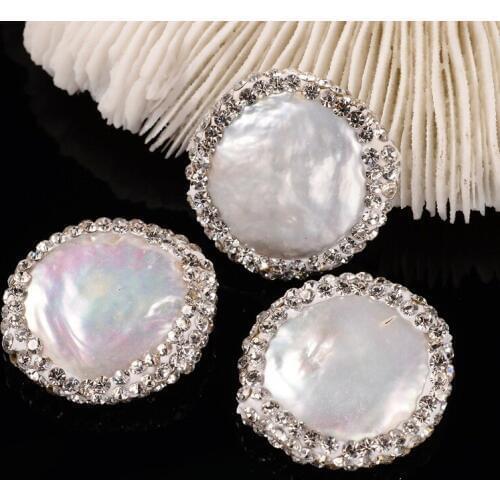10pc Seashell Flat Round Natural Pearl Beads with Polymer Clay Rhinestone DIY Jewelry Accessories Finding Making Pandahall