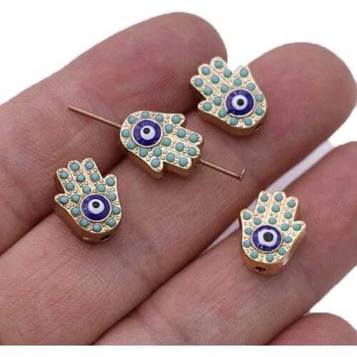 10PCS Gold Color Enamel Evil Eye Crystal Fatima Hand Spacer Beads for Jewelry Making Bracelet Accessories DIY Handmade Craft