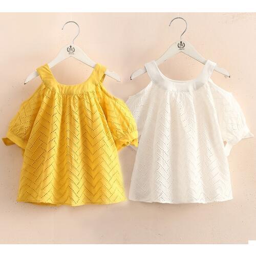 2021 Summer 2-10 Years Old Children Cotton Solid Color Off Shoulder Strapless Hollow Out Wave Little Sexy Kids Girl Dress Blouse