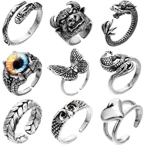 Retro Silver Color Snake Animal Rings Fashion Ladies Finger Rings Butterfly Jewelry Unisex Open Adjustable Size Ring For Man