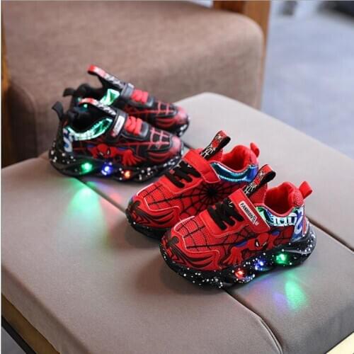 Disney Spiderman PU Leather Boys Girls Toddler Sneakers LED Light Shoe For Children Kids Waterproof Casual Shoes