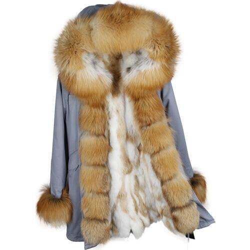 MAOMAOKONG NEW Women Winter Long Jacket Warm Fashion Fox Fur Collar With Luxury Rex Rabbit Fur Liner Parka Coats