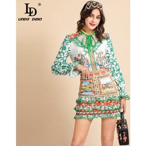 LD LINDA DELLA Fashion Runway Autumn Skirt Suit Womens Lace Long sleeve Shirt＋Retro warrior print Ruffles Skirts 2 Pieces Set
