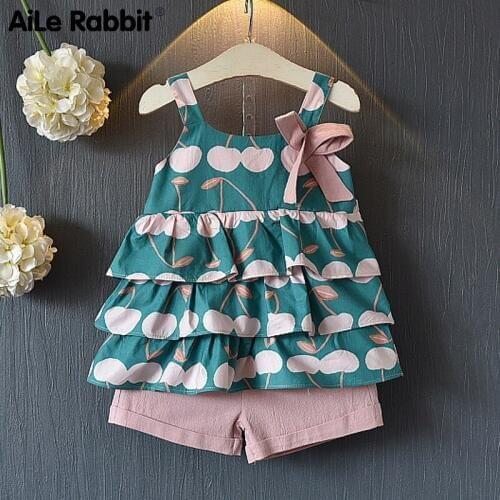 Summer Girl Set Sling Top Shorts 2 Piece Set Cherry Bow Girls Clothes Set Childrens Wear Girls Outfits Детский Костюм