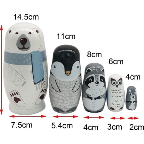 5 PIECES CARTOON ANIMAL MINIATURE WOODEN MATRYOSHKA RUSSIAN NESTING DOLLS