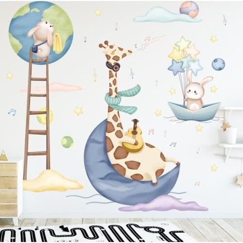 Cartoon Animals Stickers Earth Moon Giraffe Rabbit Childrens Room Decoration Self-adhesive Background Wall Stickers