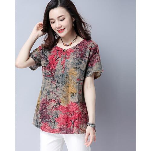 2018 New Summer Casual Women Printed Colored Pattern Blue Red Short Sleeve Linen Blouse , Loose Buttons Shirt Blouses For Woman