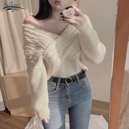 Autumn New 2021 Womens Sweater Long-sleeved Tops Lazy Wind Sexy Cross Collar Sweater Woman Korean Slim Bottom Knitwear 16534