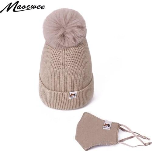 Autumn Winter Pompon Hat For Women Fashion Solid Color Mask Beanies Set Keep Warm Windproof Outdoor Knitted Mask Bonnet Ski Caps