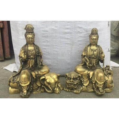 Pair 9'' brass copper carved lion Elephant buddhism Manjusri samantabhadra