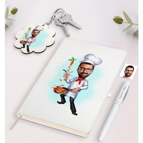 Personalized Men 'S Chef Caricature Of White Notebook pen And Keychain Gift Set Reliable Quality Gift Casual Design moment