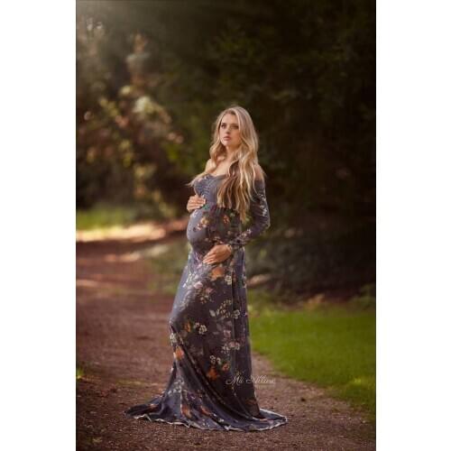 Maternity Dress Photo Shoot Maxi BABY SHOWER Shoulderless Maternity Milk Silk Printing Gown Sexy Maternity Photography Props