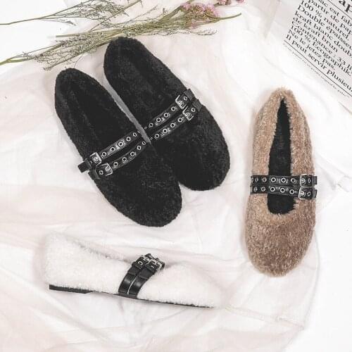 Wool fur winter shoes woman slip on loafer thicken plush mules rivets leather belt furry flats female anti-slip hairy moccasins