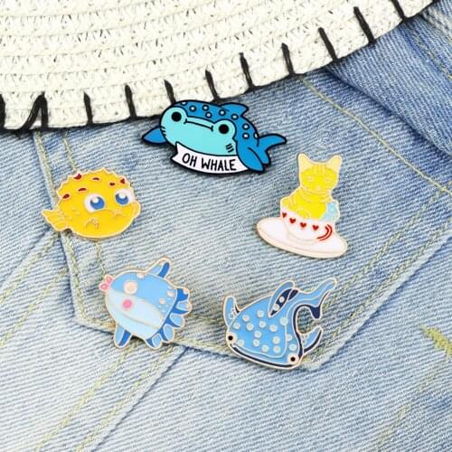 Cute Cartoon Animal brooch Sea fish Whale Shark Puffer Cup cat Hard enamel pin Lapel pins Brooches for Women Badges Pinback man