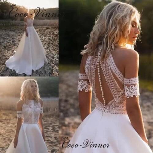 Off Shoulder high Neck Cap Sleeves Vintage Lace Bohemian Wedding Dress 2021 New Sweep Train Satin Beach Wedding Dresses W0917