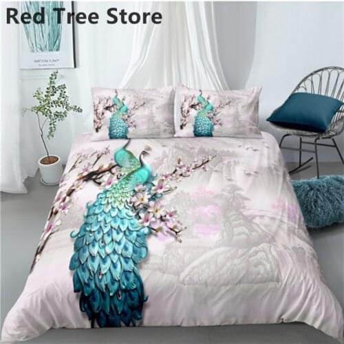 High Quality 3D Bedding Set White Quilt Covers Pillowcase Animal Peacock Comforter Case Bed Linen Home Textile King Single Size