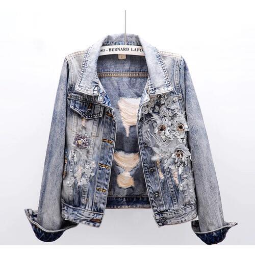 2021 Spring Autumn Beading Flowers Big Size Slim Denim Jacket Women Streetwear Korean Style Short Jeans Jacket Female Outerwear