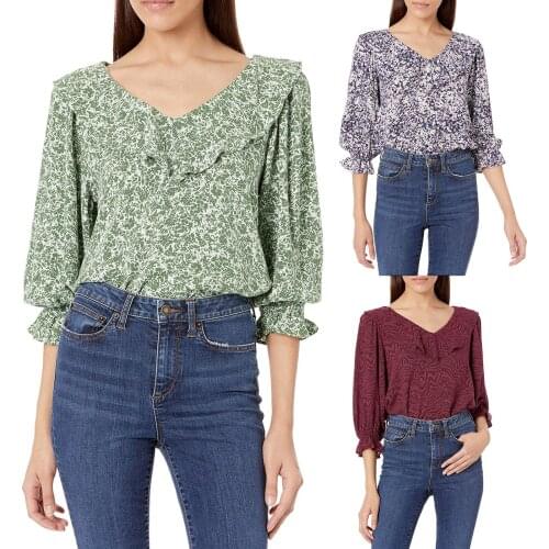 Women Fluid Twill Three Quarter Butterfly Sleeve V-Neck Ruffle Sexy Lovely Shirt Top Fashion Casual Broken flower Print T-Shirt