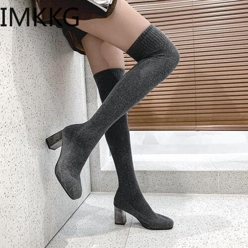 Women Over The Knee Sock Boots Round Toe Block high Heeled Slip On Boots Elastic Knitting Ladies Autumn winter Boots