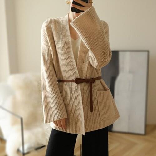 Women100% Wool Cashmere Cardigan Sweater 2021 New Arrival Spring Autumn V-Neck Belt Coat Thickening Female Loose High-End Jacket