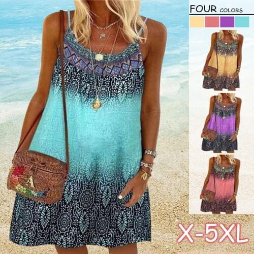 Women Summer Dress Printed Sling Ladies Bohemian Style Loose Chiffon Dresses A-Line Beach Dress Plus Size S-5XL