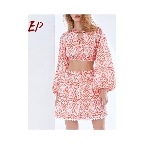 EP 2021 Spring Summer Women Dress New Bodycon Strawberry Pink Two Piece Set Print Full Puff Sleeve Single Breasted Bow Dress