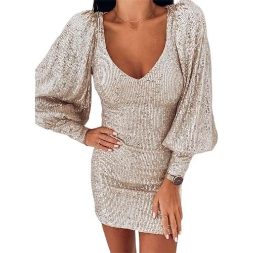 Womens Sexy Puff Sleeve Deep V-neck Sequined Dress For Fall/winter 2021 New Womens Clothing