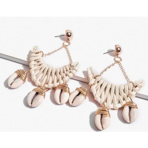 10/20pairs Handmade Rattan/Straw/Wicker Braid Woven Drop Earrings Cowrie seashell/shell Dangle Stud Earrings for Women Girls